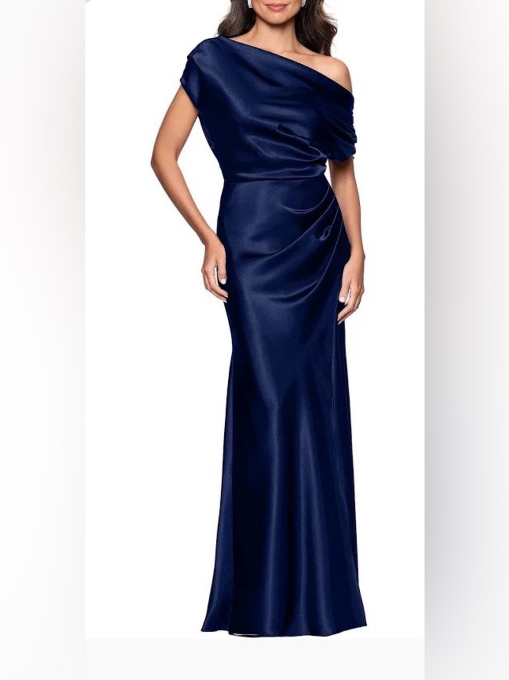 Betsy & Adam Navy One-Shoulder Satin Gown